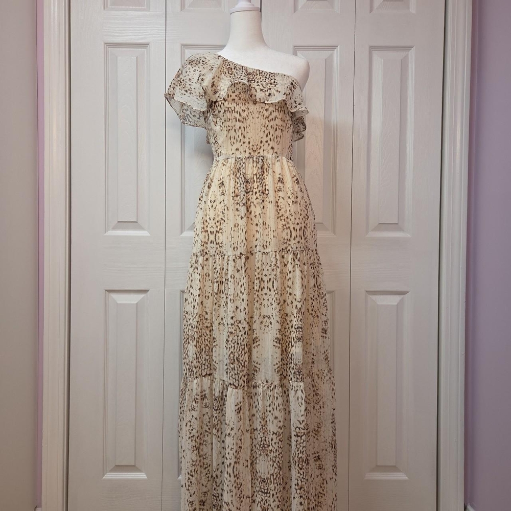 Y2K Formal Leopard Cheetah Print One Shoulder Maxi Ruffle Gown-- Rachel Zoe XXS